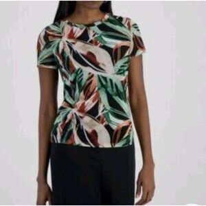 Bar III Blouse Women's  XL/XXL? Palm Print Short-Sleeve Mesh Top  NWT